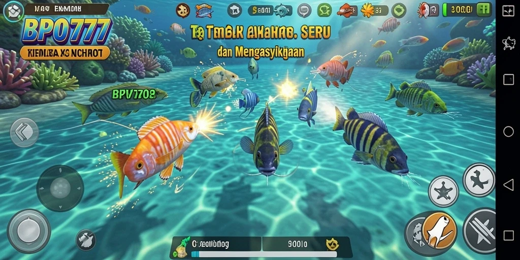 Tampilan menembak ikan di BPO777 dengan animasi warna-warni.