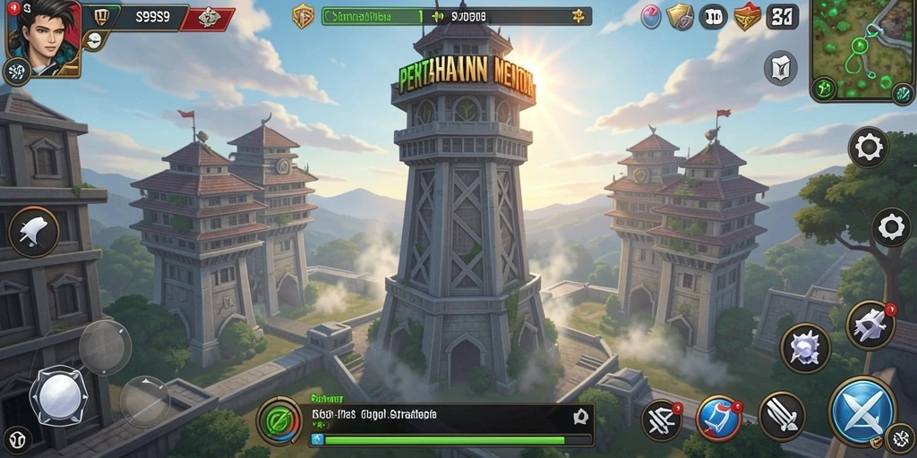 Screenshot gameplay S9S9 yang menunjukkan menara bertahan melawan gelombang musuh.